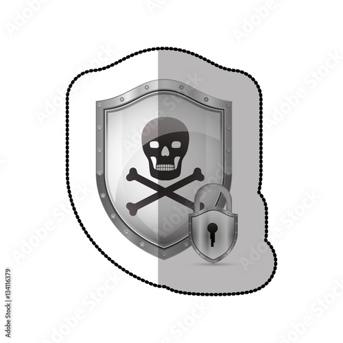 middle shadow sticker of pirate shield with skull and bones and padlock vector illustration