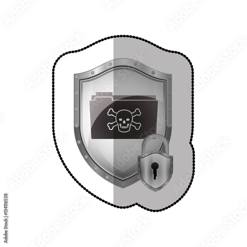 middle shadow sticker of shield with folder virus and padlock vector illustration