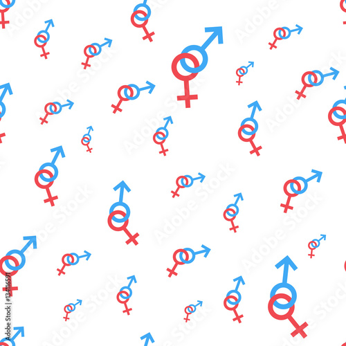 Seamless pattern. Female and male romantic collection. Female and male small signs different sizes. Gender icons. Vector illustration