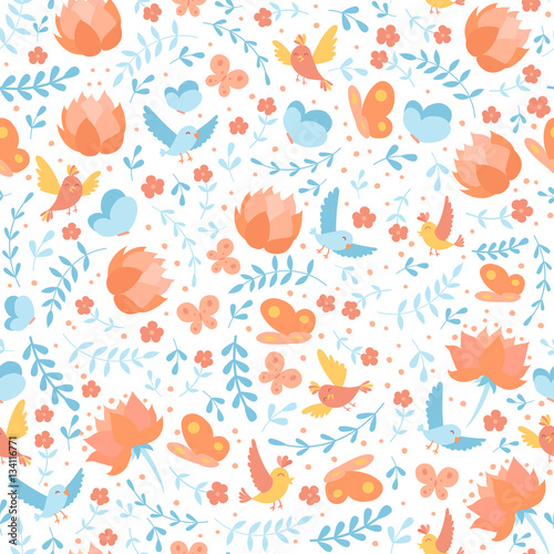 Wallpaper Mural Seamless pattern with doodle cartoon vector floral elements, birds, flowers, lotus and butterfly Torontodigital.ca