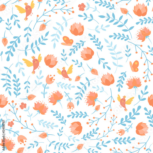 Seamless pattern with doodle cartoon vector floral elements  birds  flowers  lotus and butterfly