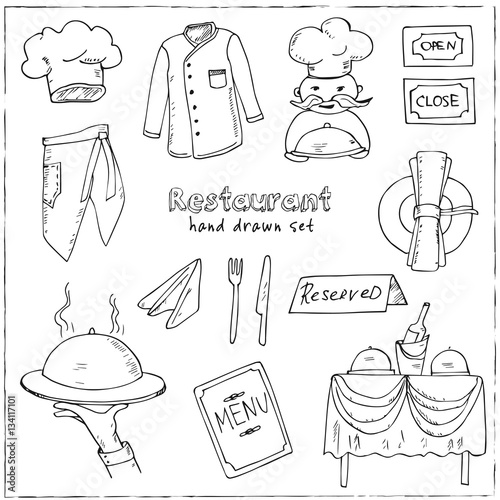 Restaurant doodle set. Vector illustration.