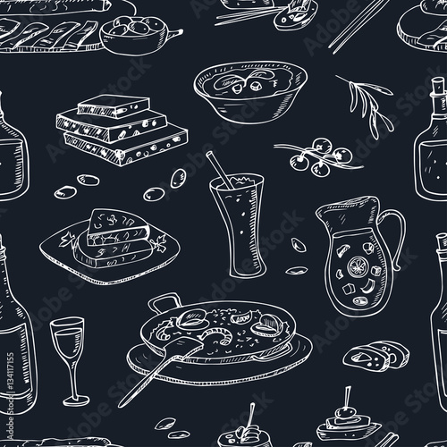 Vector hand drawn seamless pattern spanish cuisine: soup, liver in garlic Paella, meal with rice and seafood, fried cookie churros.
