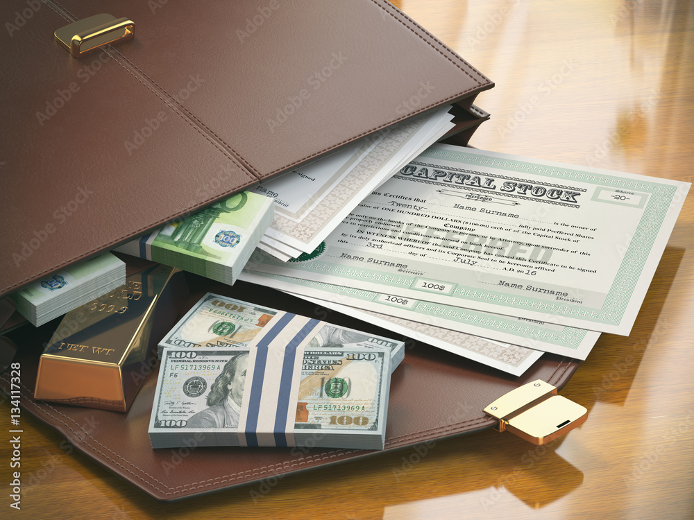 Obraz premium Stock market portfolio concept. Briefcase with capital stocks, b