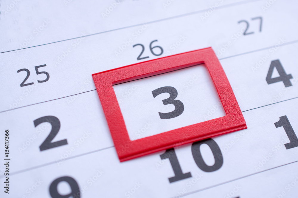 White paper calendar with the number 3 in the red box White paper calendar with the number 3 in the red box