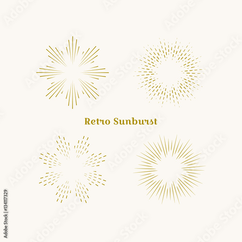Sunburst frames set. Retro gold Sun burst shape. Vintage explosion logo, label, badge. Firework design element. Old light rays radiating from a center. Retro, vintage, hipster style