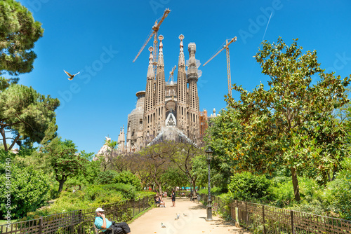 View from the green park to Sagrada Familia