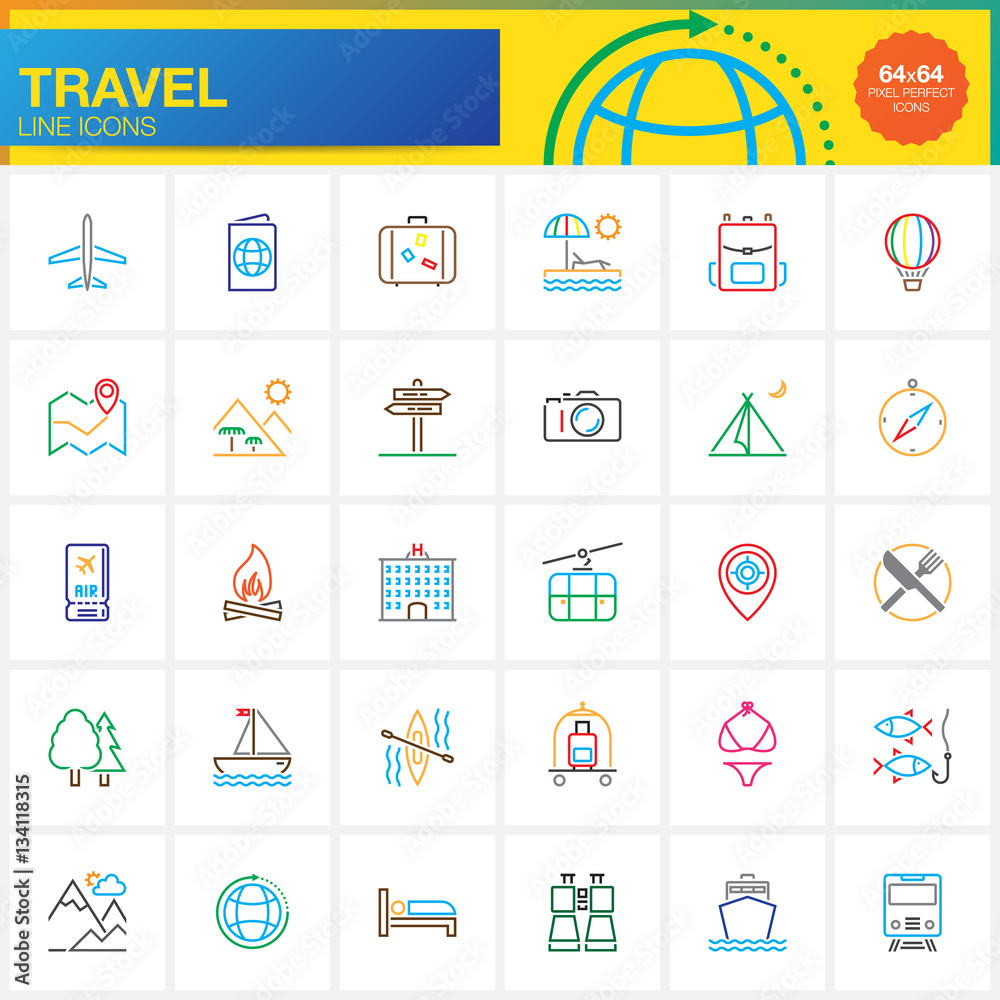 Travel line icons set, outline vector symbol collection, linear pictogram pack isolated on white, logo illustration Travel line icons set, outline vector symbol collection, linear pictogram pack isolated on white, logo illustration