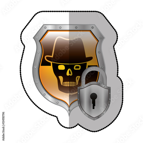 middle shadow sticker of skull with hat and padlock in yellow shield vector illustration