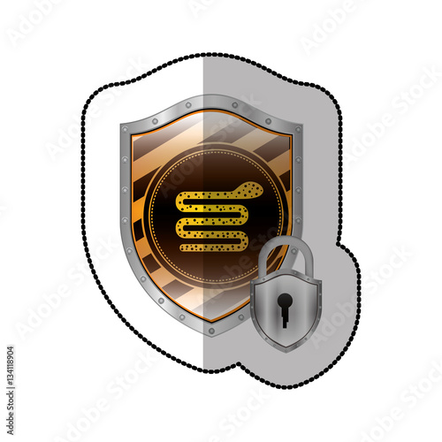 middle shadow sticker of snake virus and padlock in yellow shield vector illustration