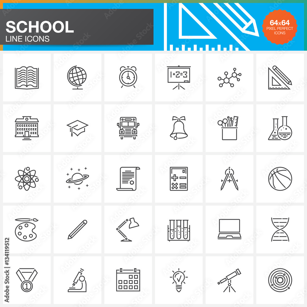 School vector icons set, modern solid symbol collection, education pictogram pack isolated on black, pixel perfect logo illustration