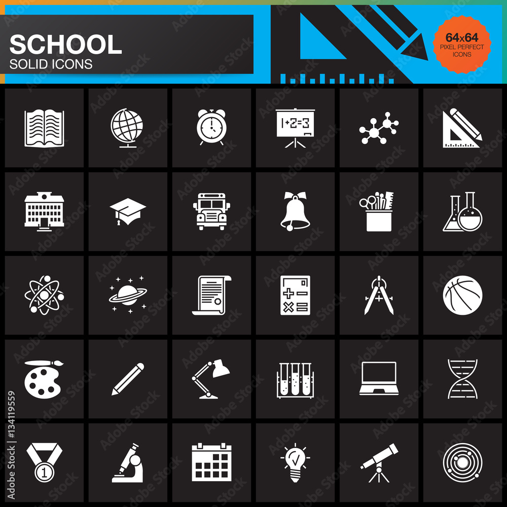 School vector icons set, modern solid symbol collection, education pictogram pack isolated on black, pixel perfect logo illustration School vector icons set, modern solid symbol collection, education pictogram pack isolated on black, pixel perfect logo illustration