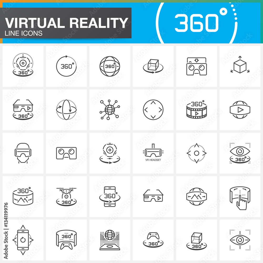 Virtual reality line icons set. Innovation technologies, AR glasses, Head-mounted display, VR gaming device. Modern flat line design vector collection. Outline logo illustration concept