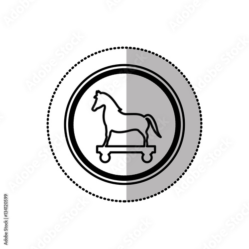 monochrome middle shadow sticker of trojan horse in circle vector illustration
