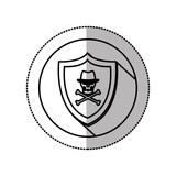 monochrome middle shadow sticker with circle with shield withskull and bones with hat vector illustration