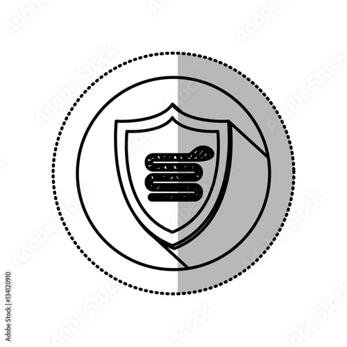 monochrome middle shadow sticker with circle with shield and snake virus vector illustration