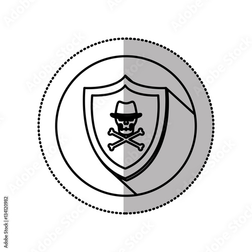 monochrome middle shadow sticker with circle with shield withskull and bones with hat vector illustration