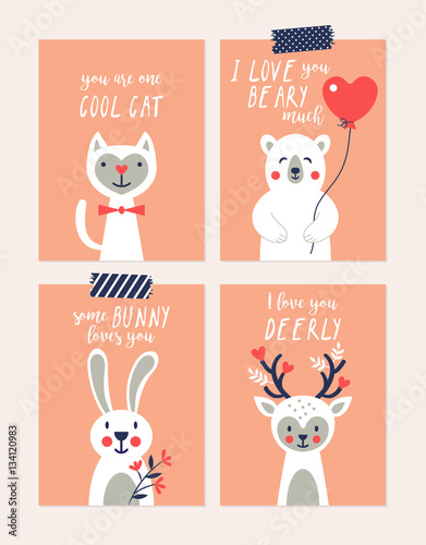 Fototapeta Naklejka Na Ścianę i Meble -  Valentines day cute greeting cards set with animal funny charact