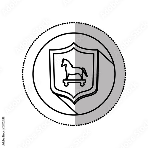 monochrome middle shadow sticker with circle with shield and trojan horse vector illustration