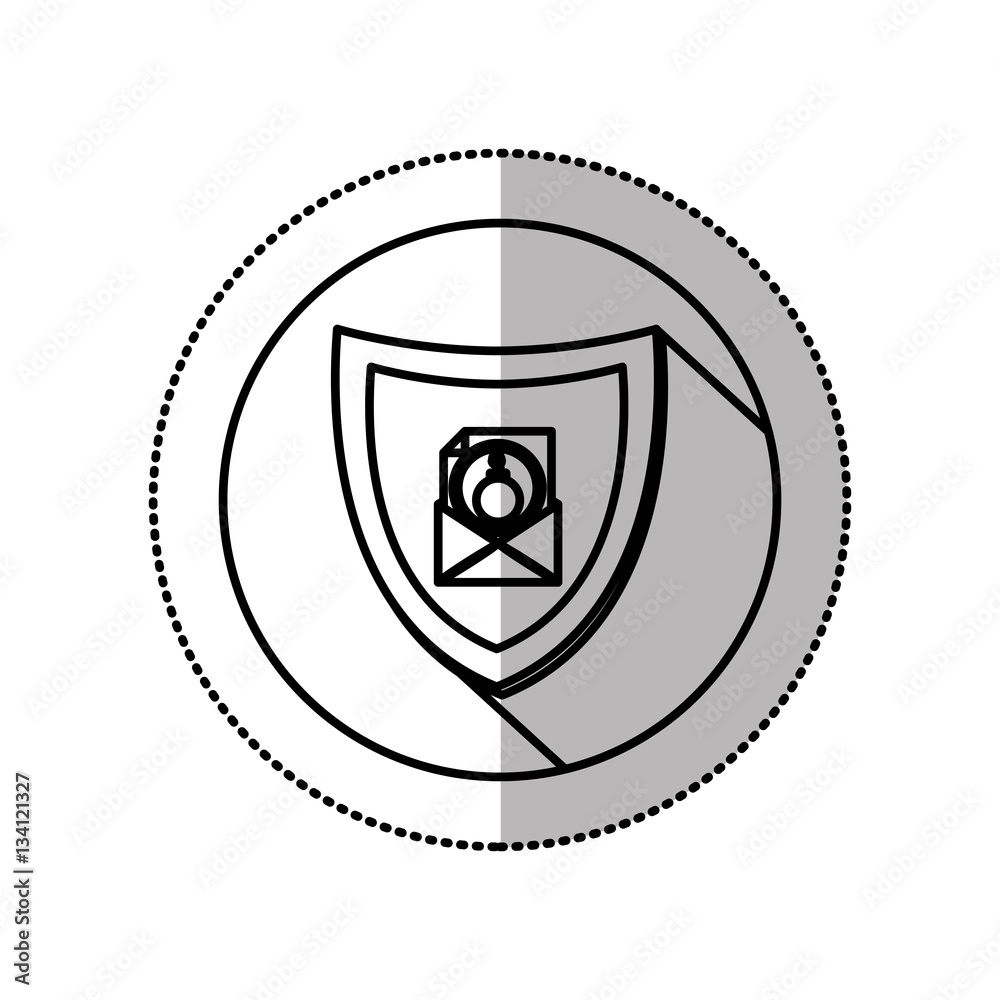 monochrome middle shadow sticker with circle with shield and mail bomb vector illustration