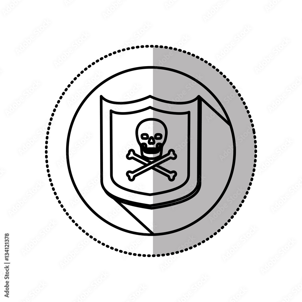 monochrome middle shadow sticker with circle with shield and skull and bones vector illustration