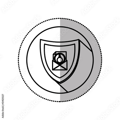 monochrome middle shadow sticker with circle with shield and mail bomb vector illustration