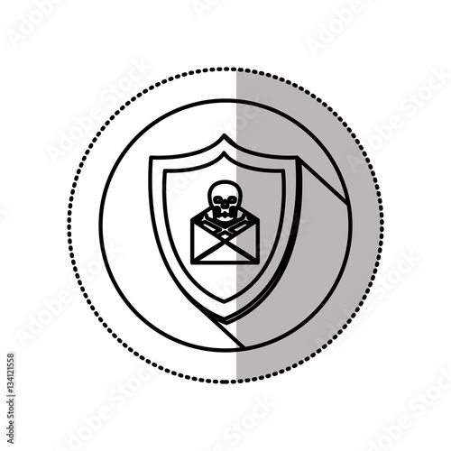 monochrome middle shadow sticker with circle with shield and mail skull and bones vector illustration