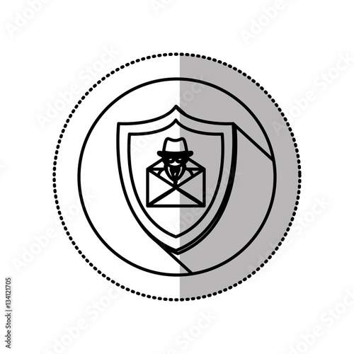 monochrome middle shadow sticker with circle with shield and mail hacker vector illustration