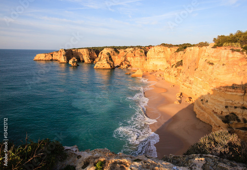 Aerial view of beautiful sand beach  Praia da Marinha, Algarve, Portugal 
