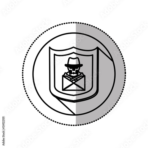 monochrome middle shadow sticker with circle with shield and mail skull and bones vector illustration