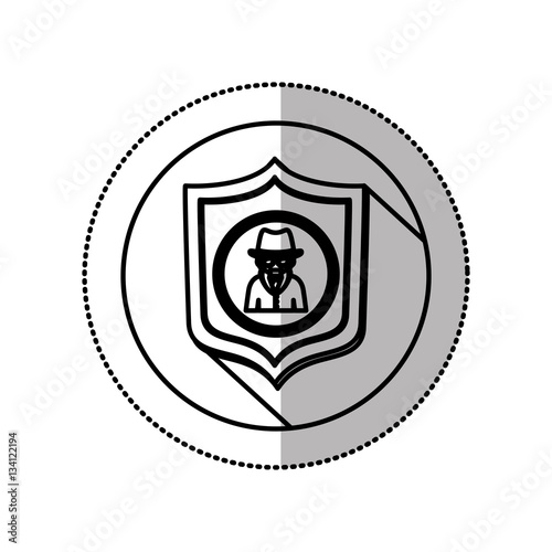 monochrome middle shadow sticker with circle with shield and hacker vector illustration