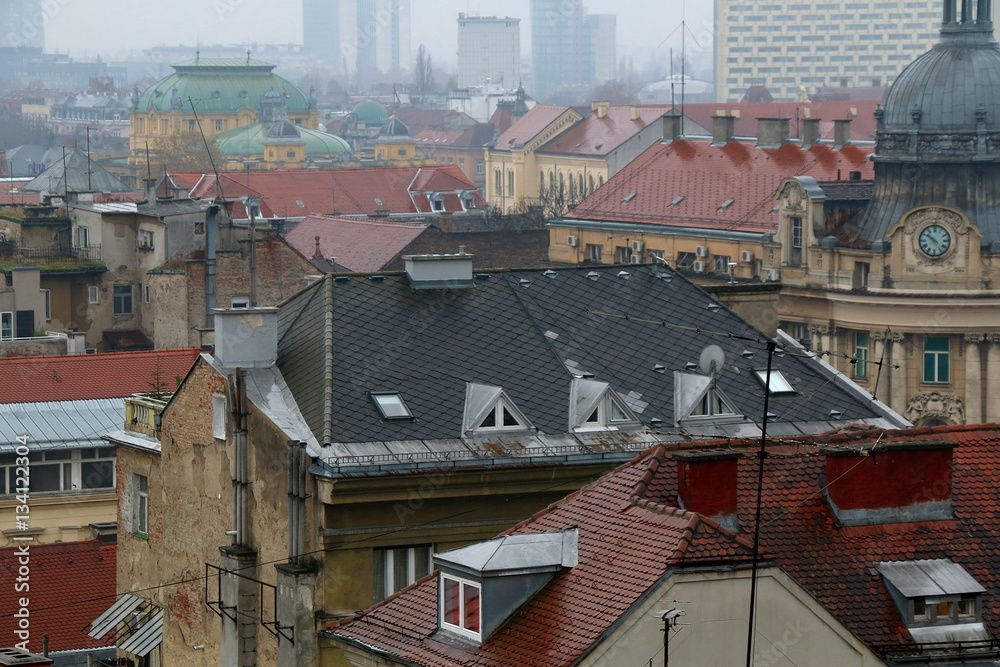 Picturesque roofs in Old Town, Zagreb, Croatia on a rainy day. View from Strossmarte on Upper Town. 