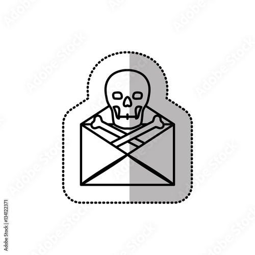 monochrome middle shadow sticker of mail virus skull and bones vector illustration