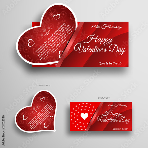 Vector set of greeting card insert in case with red wave pattern and stripe on the gray background.