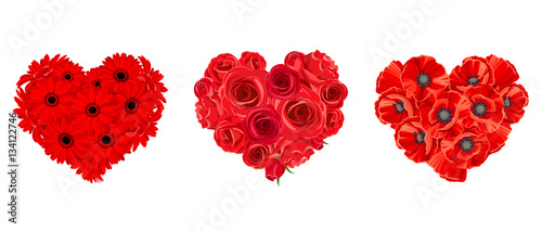 Vector hearts of red roses, gerbera and poppy flowers isolated on a white background.