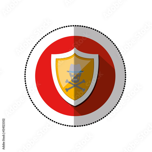 colorful middle shadow sticker with circle with shield and skull and bones and hat