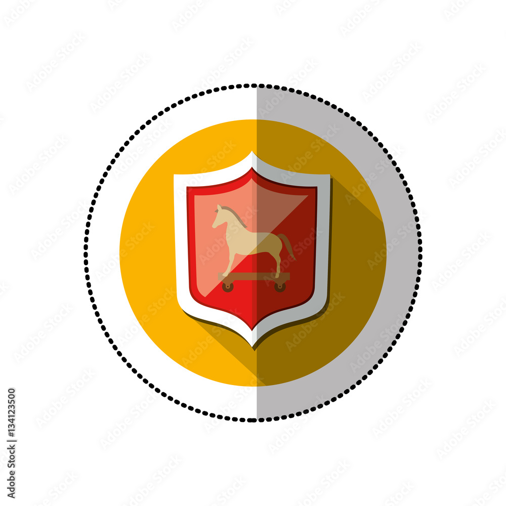 colorful middle shadow sticker with circle with shield and trojan horse vector illustration colorful middle shadow sticker with circle with shield and trojan horse vector illustration