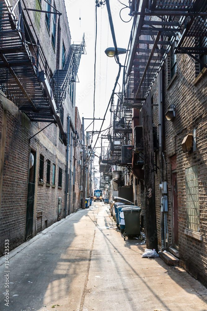 Fototapeta premium Narrow lane between buildings with fire ladders.