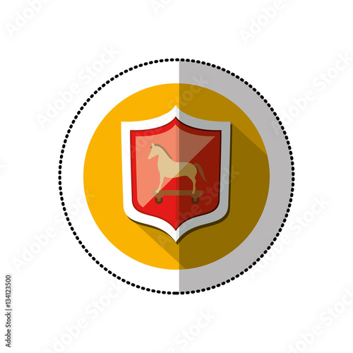 colorful middle shadow sticker with circle with shield and trojan horse vector illustration