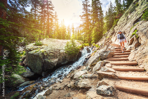 Stone stairs along mountain river on tourist route