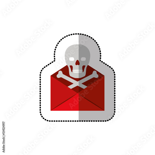middle shadow sticker with red mail virus skull and bones vector illustration