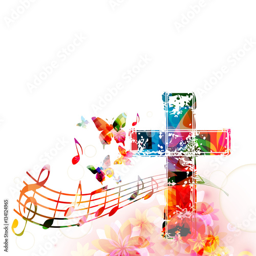 Colorful christian cross with music staff and notes isolated vector illustration. Religion themed background. Design for gospel church music, concert, choir singing, Christianity, prayer