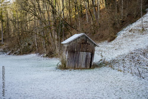 A, Vorarlberg, Bregenzer Wald, alter, windschiefer Heustadel, Weidestadel, im Grebentobel photo