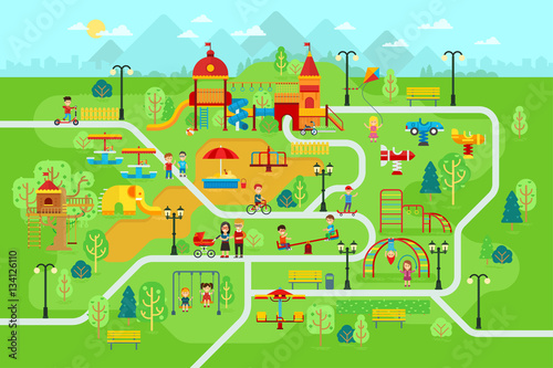 Fototapeta Naklejka Na Ścianę i Meble -  Children playground in the park with people and attractions for kids vector flat illustration for infographic design. Children play on the playground. Mother, father, kids are walking in the park