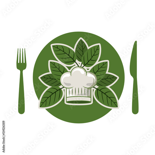 silhouette of dish with leaves and silverware and chef hat rounded vector illustration