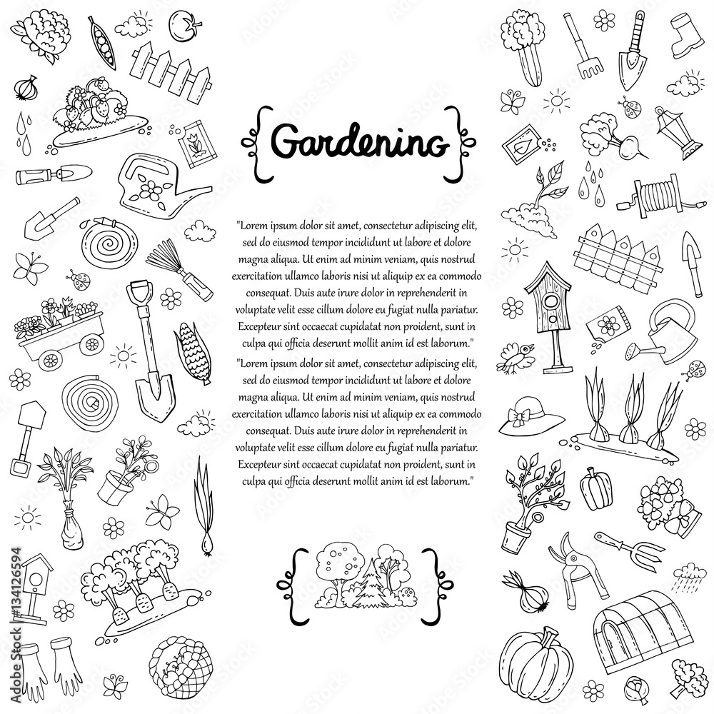 Cover with hand drawn symbols of gardening. Vector background for use in design