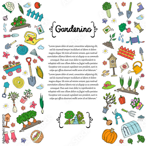 Cover with hand drawn colored symbols of gardening. Vector background for use in design