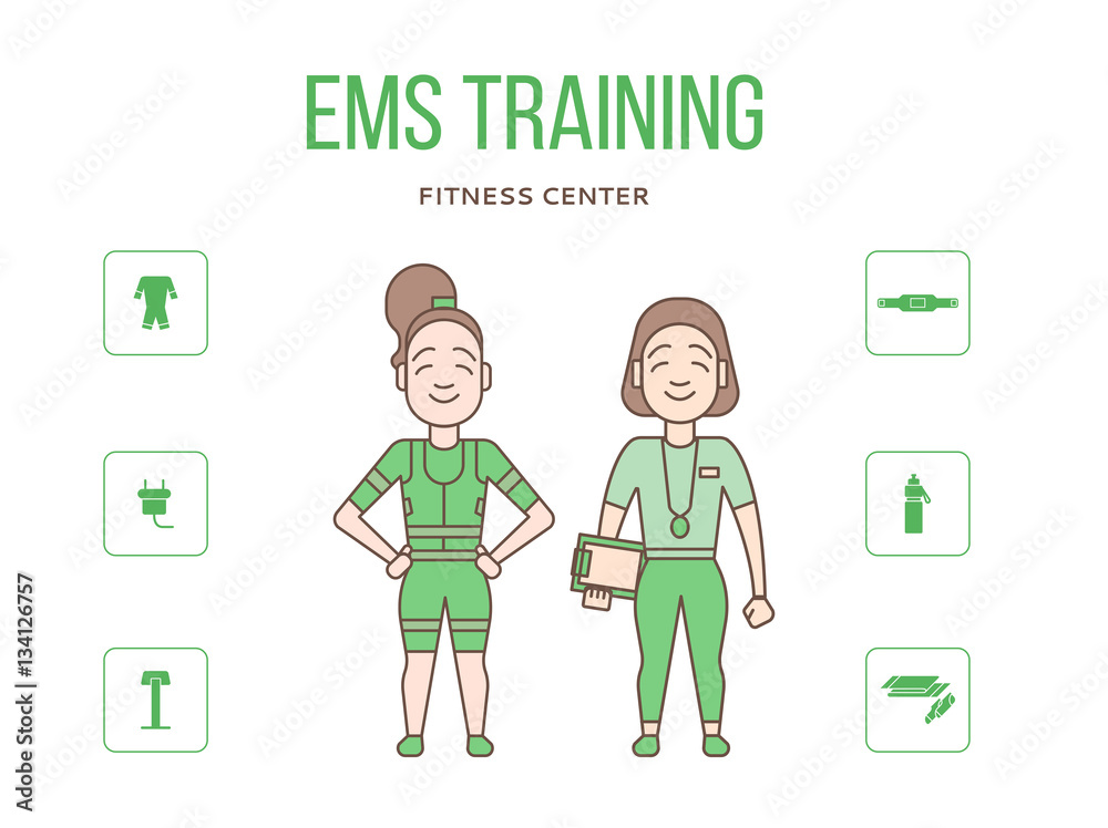 Ems training web banner or flyer with icons in flat style. Electric muscular stimulating fitness vector illustration Ems training web banner or flyer with icons in flat style. Electric muscular stimulating fitness vector illustration