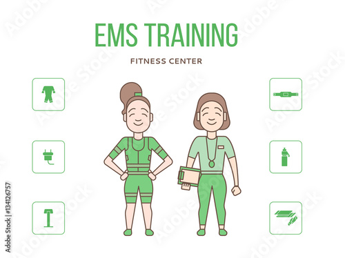 Ems training web banner or flyer with icons in flat style. Electric muscular stimulating fitness vector illustration