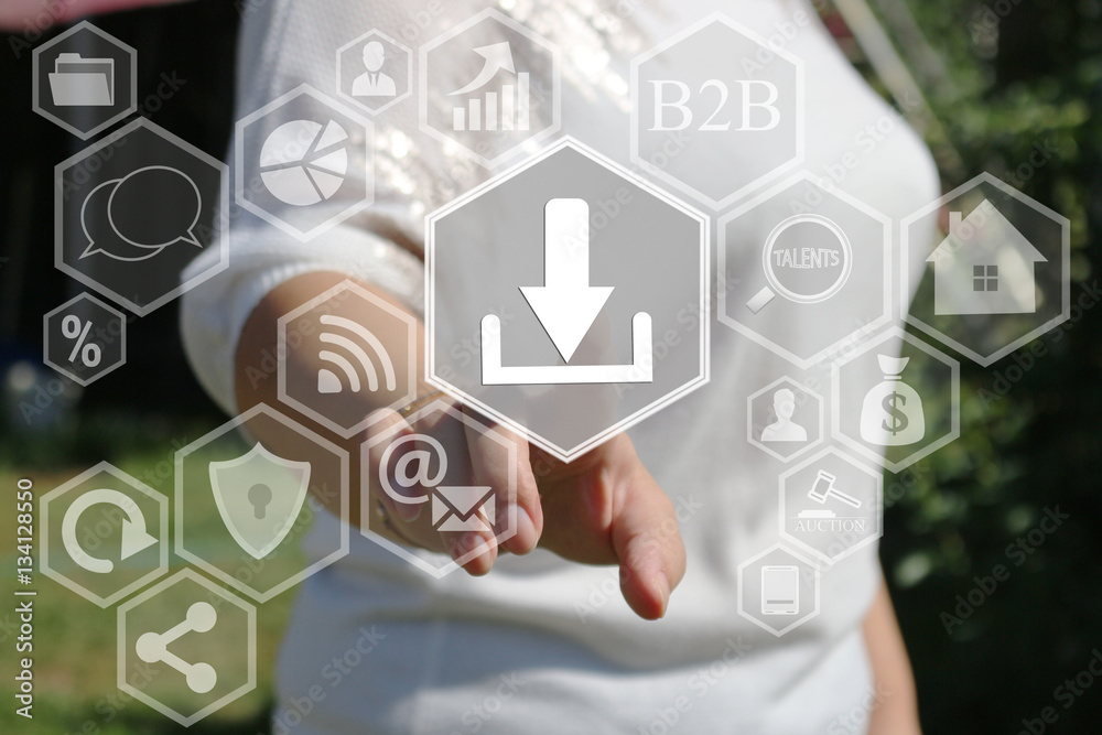 Businesswoman pushes a button web download the on the touch screen in the web network. Receiving and transmitting data and files. Businesswoman pushes a button web download the on the touch screen in the web network. Receiving and transmitting data and files.